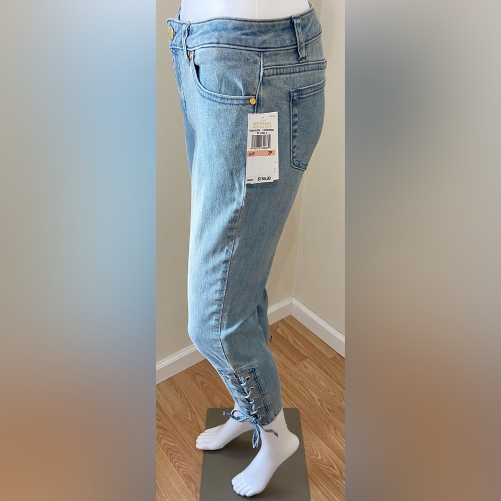 Michael Kors Women Whitewashed Petite Capri Crop Denim Jeans Lace Tie NWT